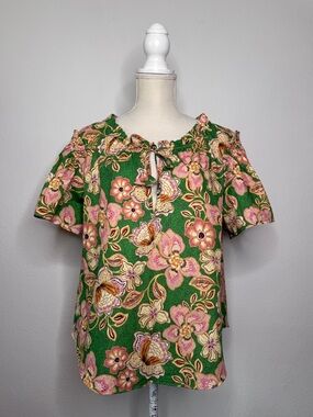 MISA Los Angeles Suparna Kelly Blossoms Ruffle Tassel Cotton Top Size M
